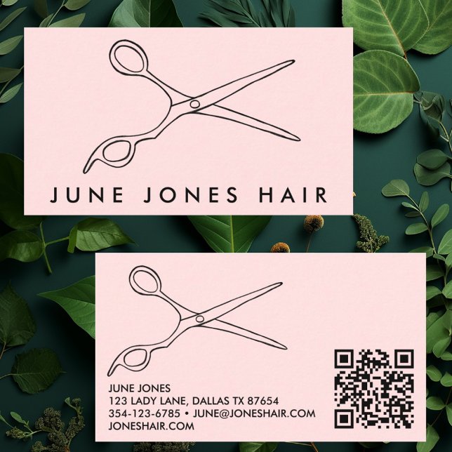 Hair Stylist Sissors Chic Barber QR Code PalePink Visitkort (Salon and hair stylist business cards with qr code)