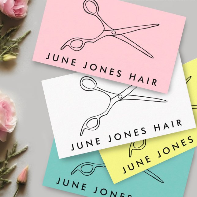 Hair Stylist Sissors Chic Line Teckning ANPASSNING Visitkort (Hairdressers! Add your own info, change the text, font, colors of this customizable business card. )