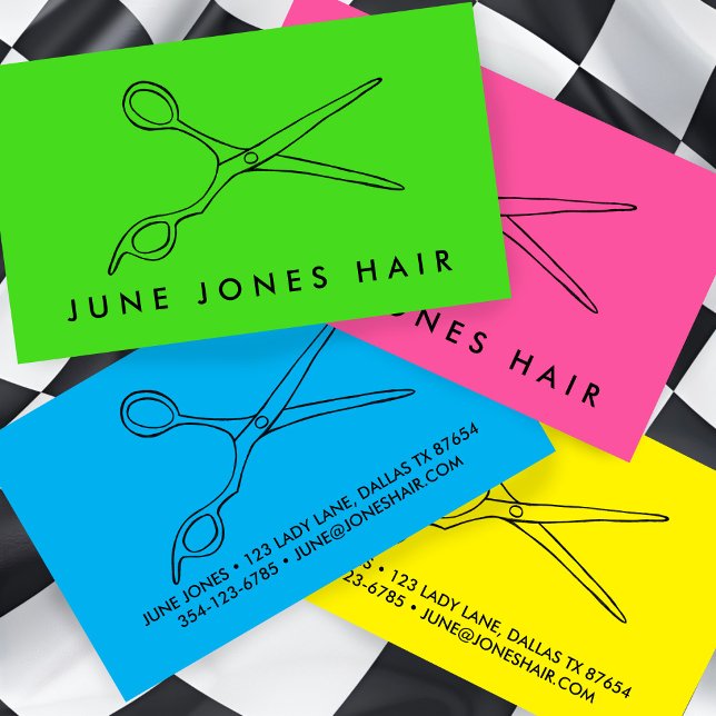 Hair Stylist Sissors Chic Line Teckning ANPASSNING Visitkort (Hair Stylist Scissors Chic Line Drawing CUSTOM Bold Colorful Business Card
)