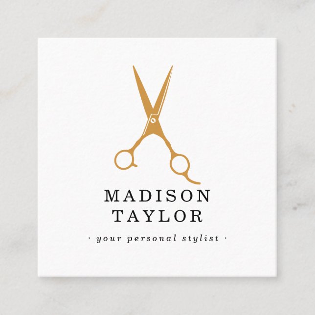 Hair Stylist Sissors Chic Teckning Guld & White Fyrkantigt Visitkort (Framsida)