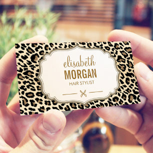 Hair Stylist Sissors Elegant Cream Leopard Print Visitkort
