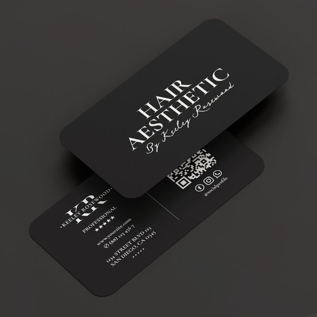 Hair Stylist skript Minimal Monogram Black Visitkort (Hair Stylist Script Minimal Monogram Black Business Card
)