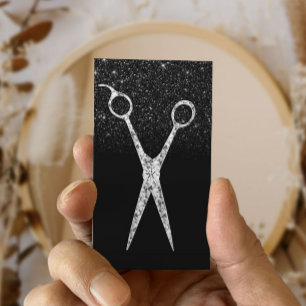 Hair Stylist Sparkling Scissor Black Glitter Salon Visitkort