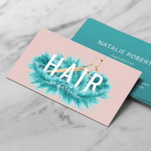 Hair Stylist Teal Feather Guld Scissor Salon Visitkort
