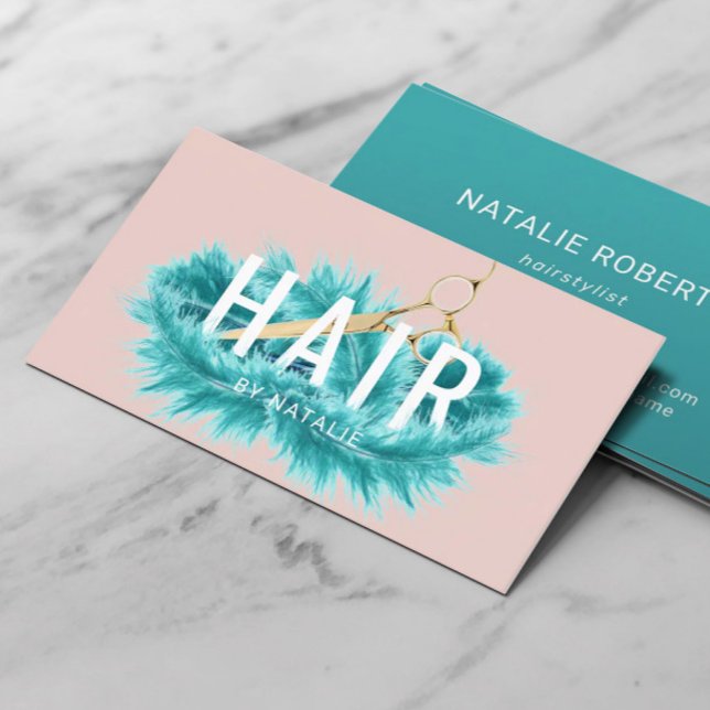 Hair Stylist Teal Feather Guld Scissor  Salon Visitkort (Skapare uppladdad)