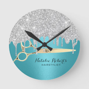 Hair Stylist Turquoise Silver Glitter Drives Salon Rund Klocka