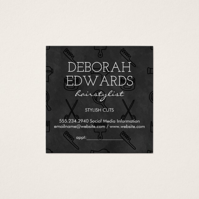 Hair Stylist Verktyg Chalkboard-bakgrund Fyrkantigt Visitkort (Framsida)