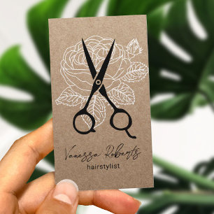Hair Stylist Vintage Blommigt Scissor Rustic Kraft Visitkort
