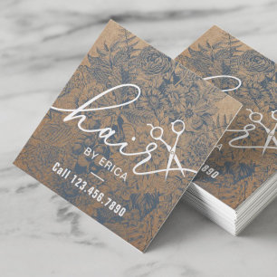 Hair Stylist Vintage Blue Blommigt Rustic Kraft Fyrkantigt Visitkort