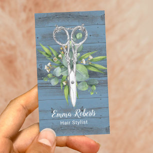 Hair Stylist Vintage Scissor Salon Dusty Blue Wood Visitkort