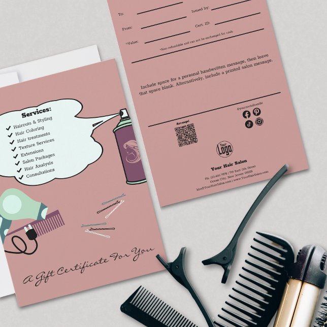 Hair Verktyg Rosa Salon Gift-platta kort (Whimsical Hair Tools Pink Salon Gift Certificate Flat Card, Logo, QR Code, Note, Social)