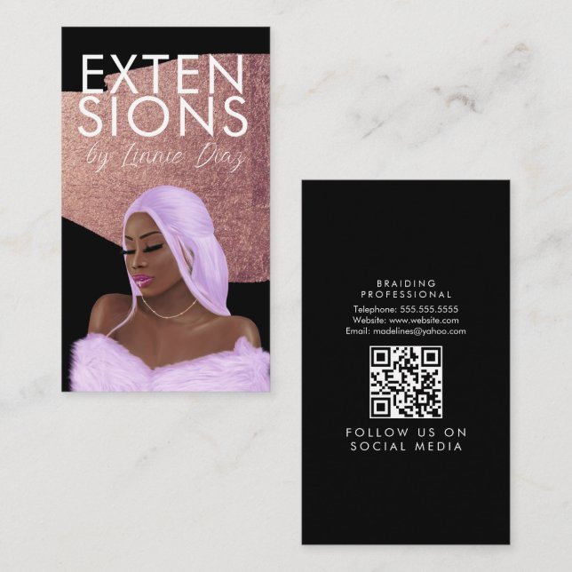 Hair Wig Extensions Braid Salon Script Rosa Guld Visitkort (Fram/baksida)