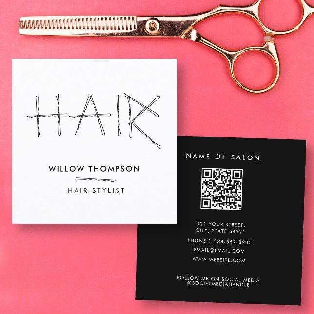 Hairdresser Black White Bobby Stift Hair Stylist Fyrkantigt Visitkort (Hairdresser Black White Bobby Pins Hair Stylist Square Business Card)