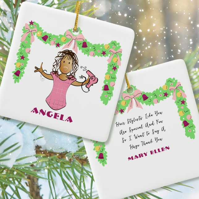 Hairdresser Cartoon Ethnic Thank You Christmas Julgransprydnad Keramik (Skapare uppladdad)