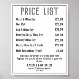 Hairdresser Hair Salon Pris List Poster