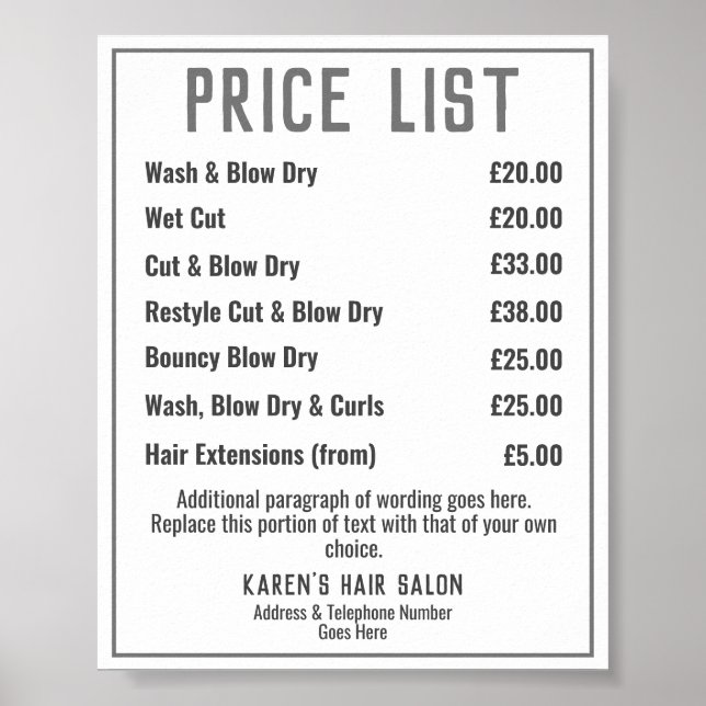 Hairdresser Hair Salon Pris List Poster (Framsidan)
