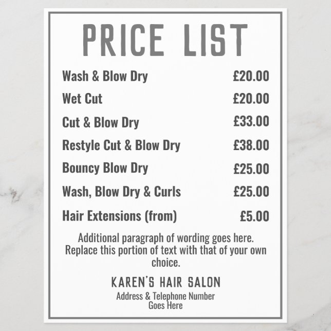 Hairdresser Hair Salon Pris Listfälla Reklamblad (Framsidan)