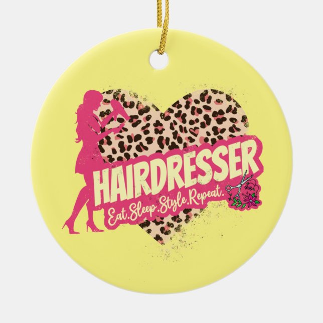 Hairdresser Leopard Hair Hustler Hairstylist Julgransprydnad Keramik (Framsidan)