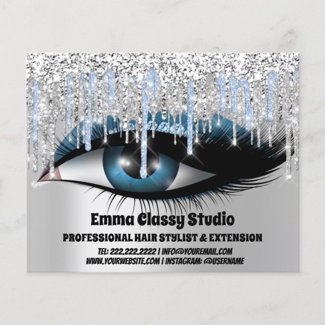 Hairdresser Nagel Lash Silver Blue Glitter Drives Flygblad (Framsidan)