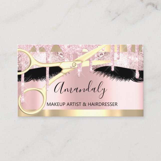 Hairdresser Scissors Makeup Guld Rosa Coiffeur Visitkort (Framsida)