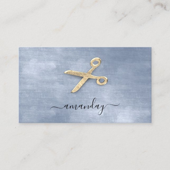 Hairdresser Stylist Golden Scissors Blue Visitkort (Framsida)