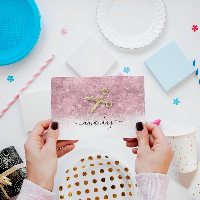 Hairdresser Stylist Golden Scissors Rosa Glitter Visitkort (Skapare uppladdad)