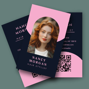 Hairstylist Arch-fotot QR-rosa och marin flotta Visitkort