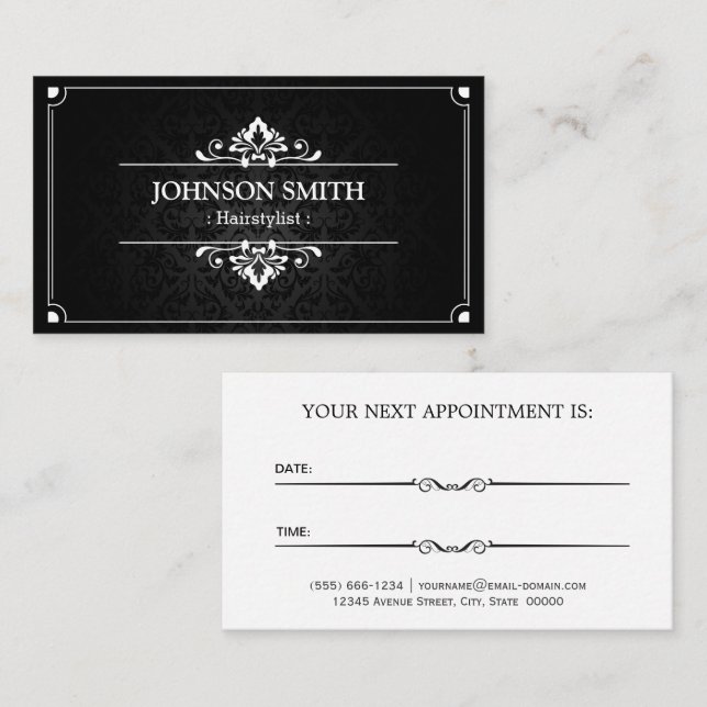 Hairstylist avtalingskort - skugga över skada tidsbeställning kort (Fram/baksida)