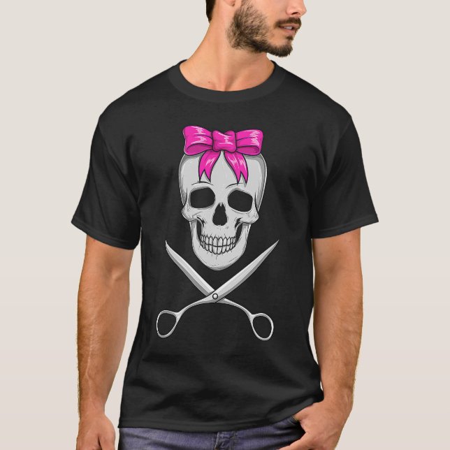 Hairstylist Girl Skull & Sheets with Rosa Bow Roli T Shirt (Framsida)