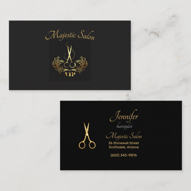 Hairstylist Guld Sissors, Swirls VIP Visitkort (Fram/baksida)