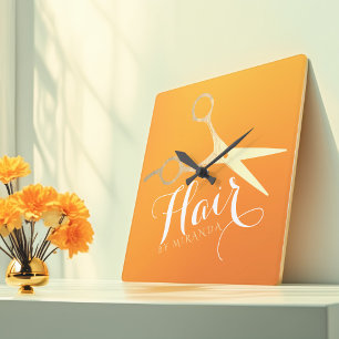 Hairstylist Makeup Salon Chic Orange Guld Scissors Fyrkantig Klocka