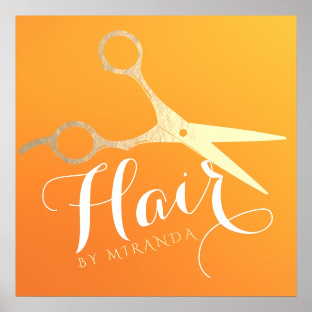 Hairstylist Makeup Salon Chic Orange Guld Scissors Poster (Framsidan)