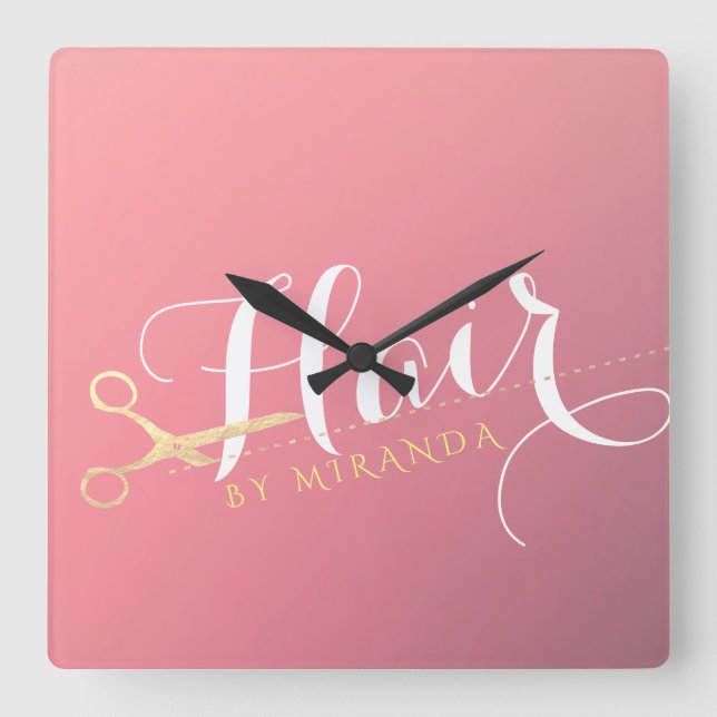 Hairstylist Makeup Salon Modern Rosa Guld Scissors Fyrkantig Klocka (Framsida)