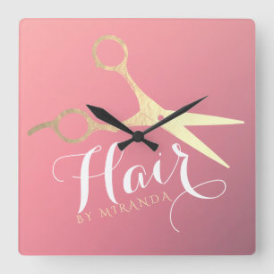 Hairstylist Makeup Salon Modern Rosa Guld Scissors Fyrkantig Klocka