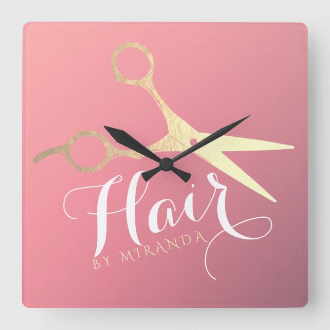 Hairstylist Makeup Salon Modern Rosa Guld Scissors Fyrkantig Klocka (Framsida)