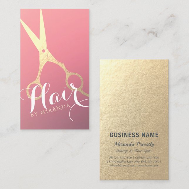 Hairstylist Makeup Salon Modern Rosa Guld Scissors Visitkort (Fram/baksida)
