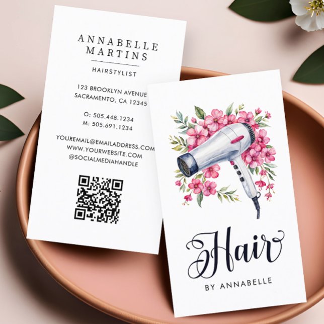 Hairstylist Modern Watercolor Blommigt Hairdryer Visitkort (Skapare uppladdad)