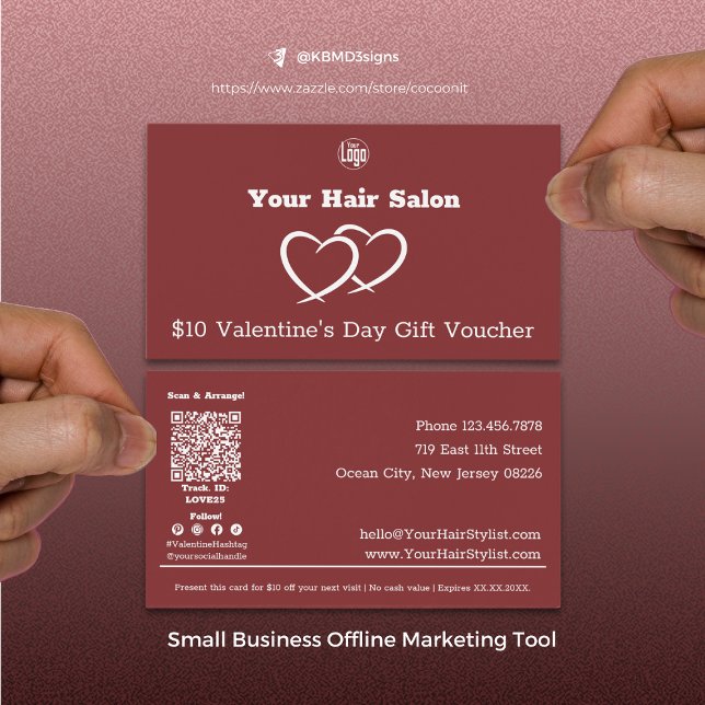 Hairstylist Valentines Day Gift Voucher Card Visitkort (Modern Burgundy Hairstylist Valentine's Day Gift Voucher Card, Small Business Offline Marketing Tool)