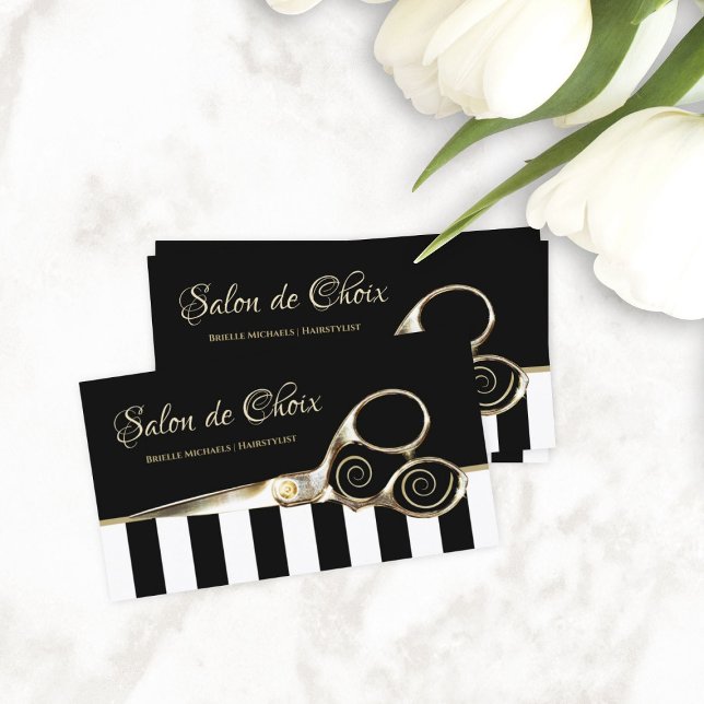 Hairstylist Wide Rand Chic Guld Salon Scissors Visitkort (Hairstylist Wide Stripes Chic Gold Salon Scissors Business Cards)