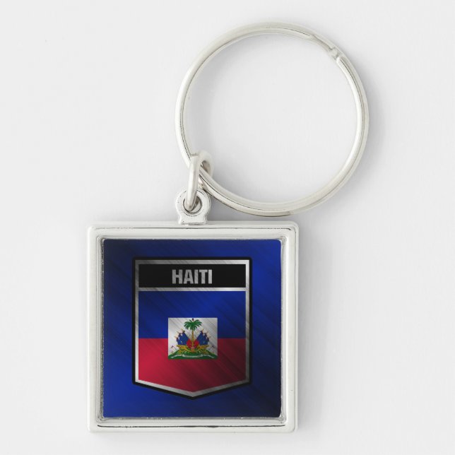 Haiti Fyrkantig Silverfärgad Nyckelring (Framsidan)