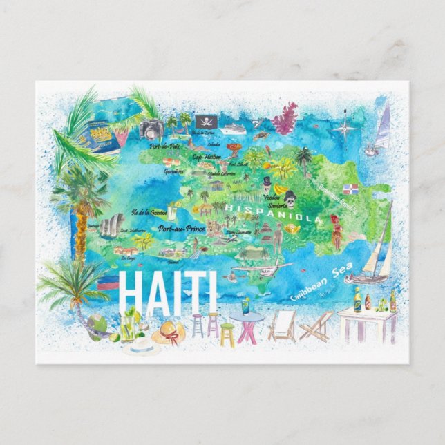 Haiti Illustrerade öresen Karta med vägar Vykort (Framsida)