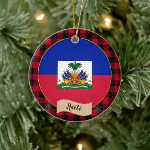 Haiti, Red buffalo plaid och Haitis Flagga Julgransprydnad Keramik