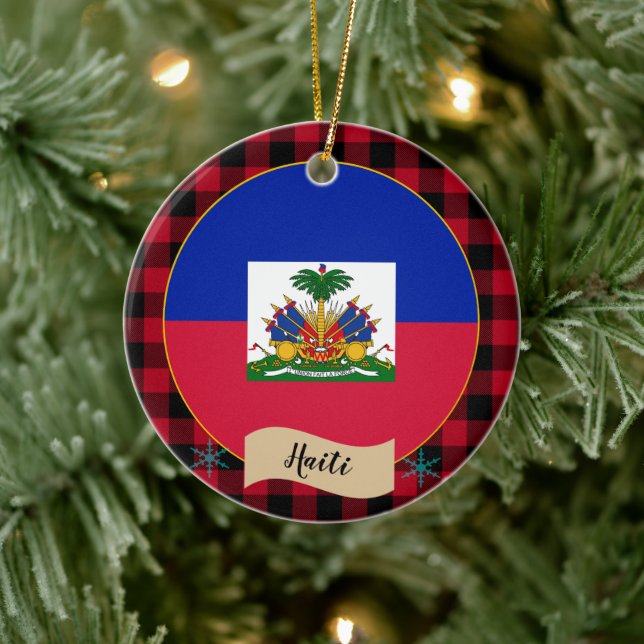 Haiti, Red buffalo plaid och Haitis Flagga Julgransprydnad Keramik (Träd)