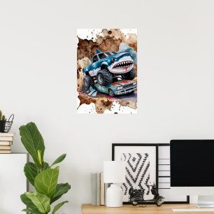 Haj Monster Truck Lermygg Pojkfödelsedag Poster