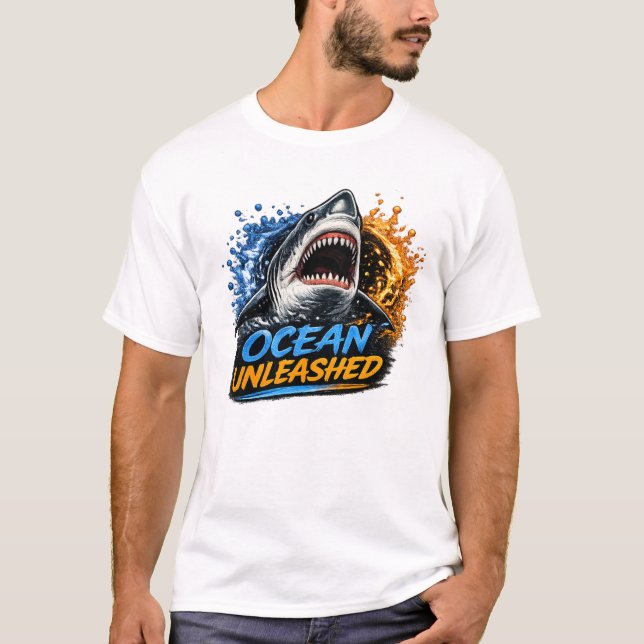 Haj Ocean Unleashed – Modig blå och orange stänk T Shirt (Framsida)