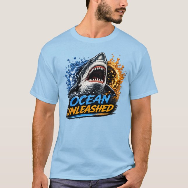 Haj Ocean Unleashed – Modig blå och orange stänk T Shirt (Framsida)