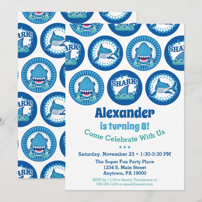 Hajar Birthday bjudande Boys Shark Party Inbjudningar (Fram/baksida)