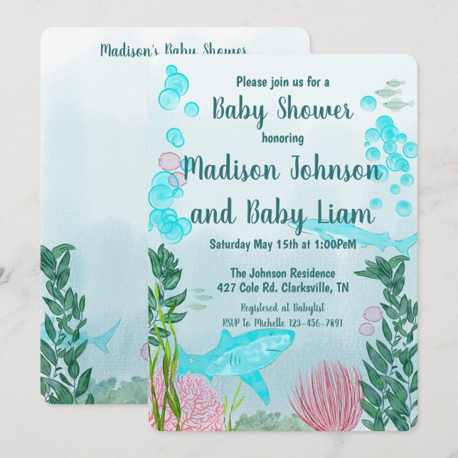Hajar, hav, Sea Life Baby Shower-inbjudan Inbjudningar (Fram/baksida)