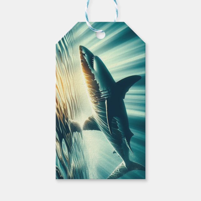 Hajar i djupblått hav och solljus presentetikett (Framsidan)