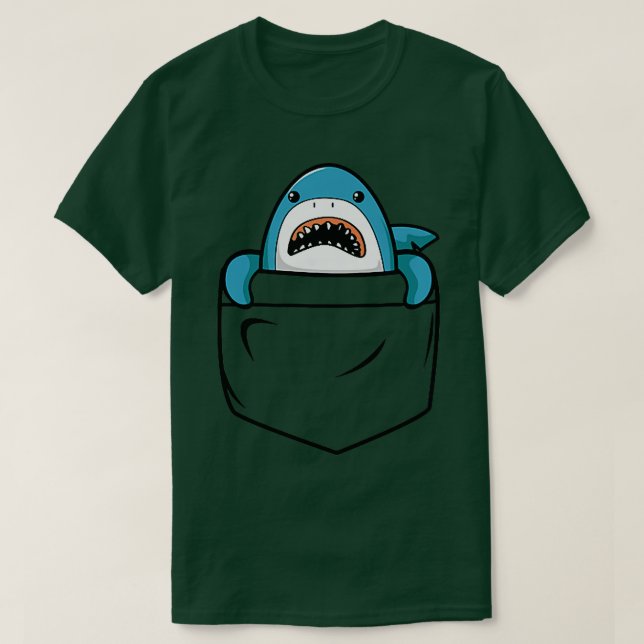 Hajar i Pocket Funny Pocket Shark Tecknad Des. T Shirt (Design framsida)